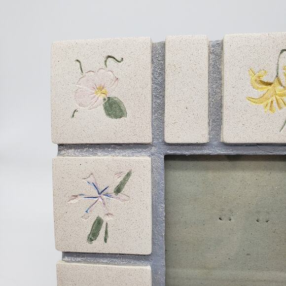 VTG Malden Hand Painted Picture Frame Tile Stone Botanical Flowers Herbs Square - Picture 3 of 6